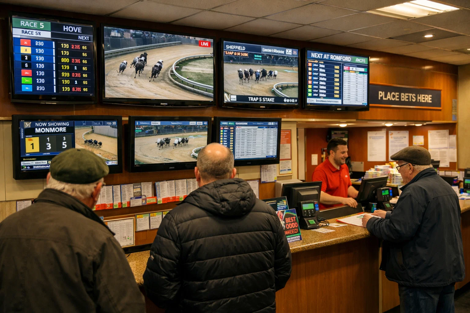 SIS broadcast screen showing live BAGS greyhound meeting from Harlow Stadium