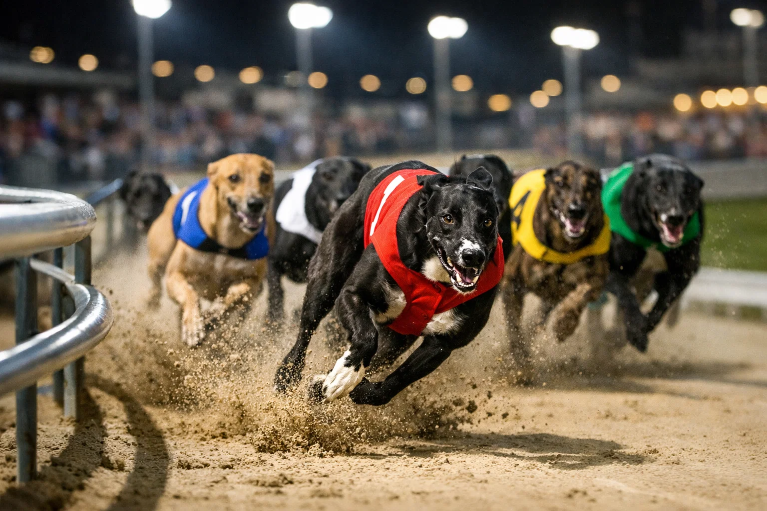 Greyhounds racing around the first bend of a floodlit stadium on a weeknight