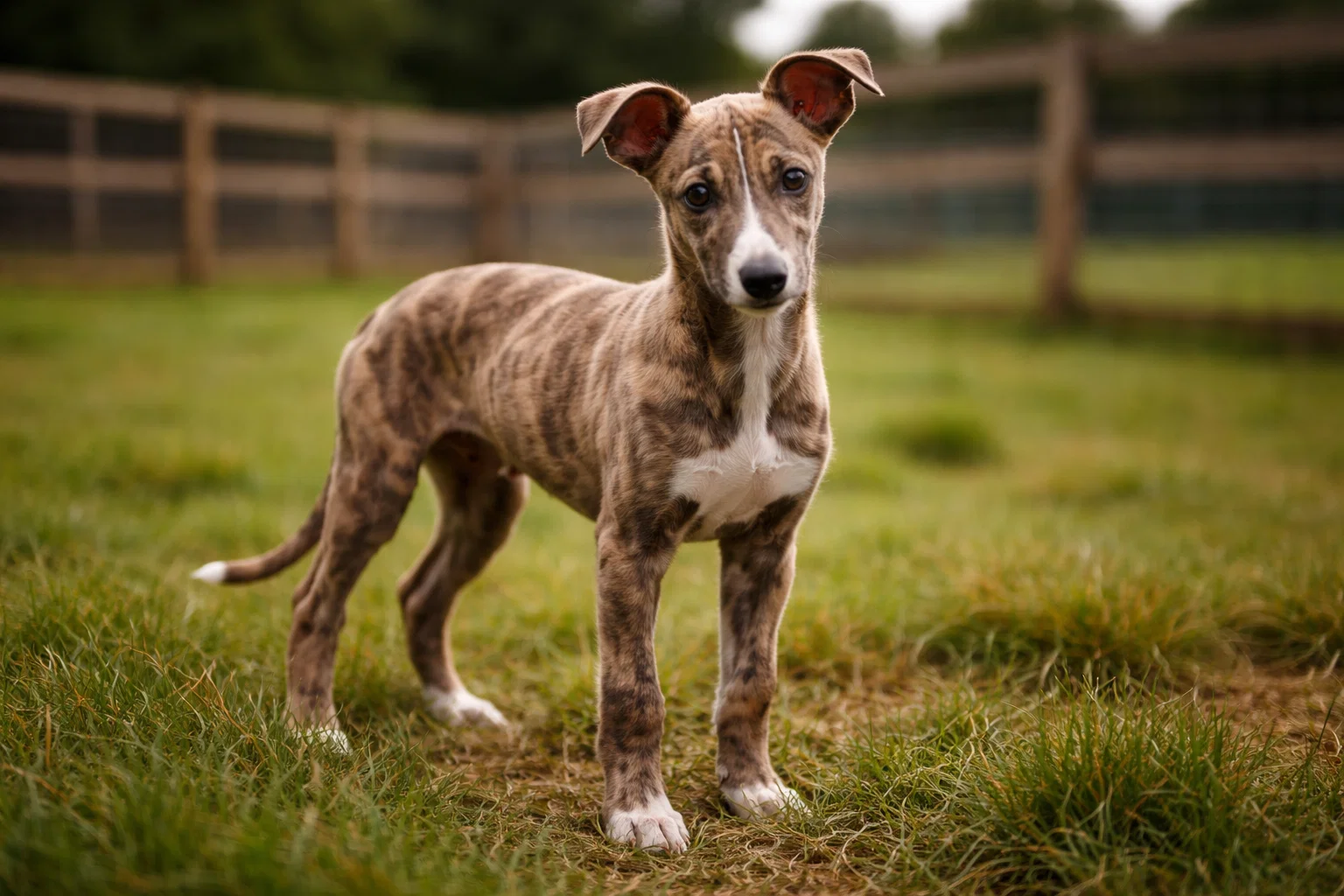 Young brindle greyhound puppy standing in a grassy paddock at a breeding kennel