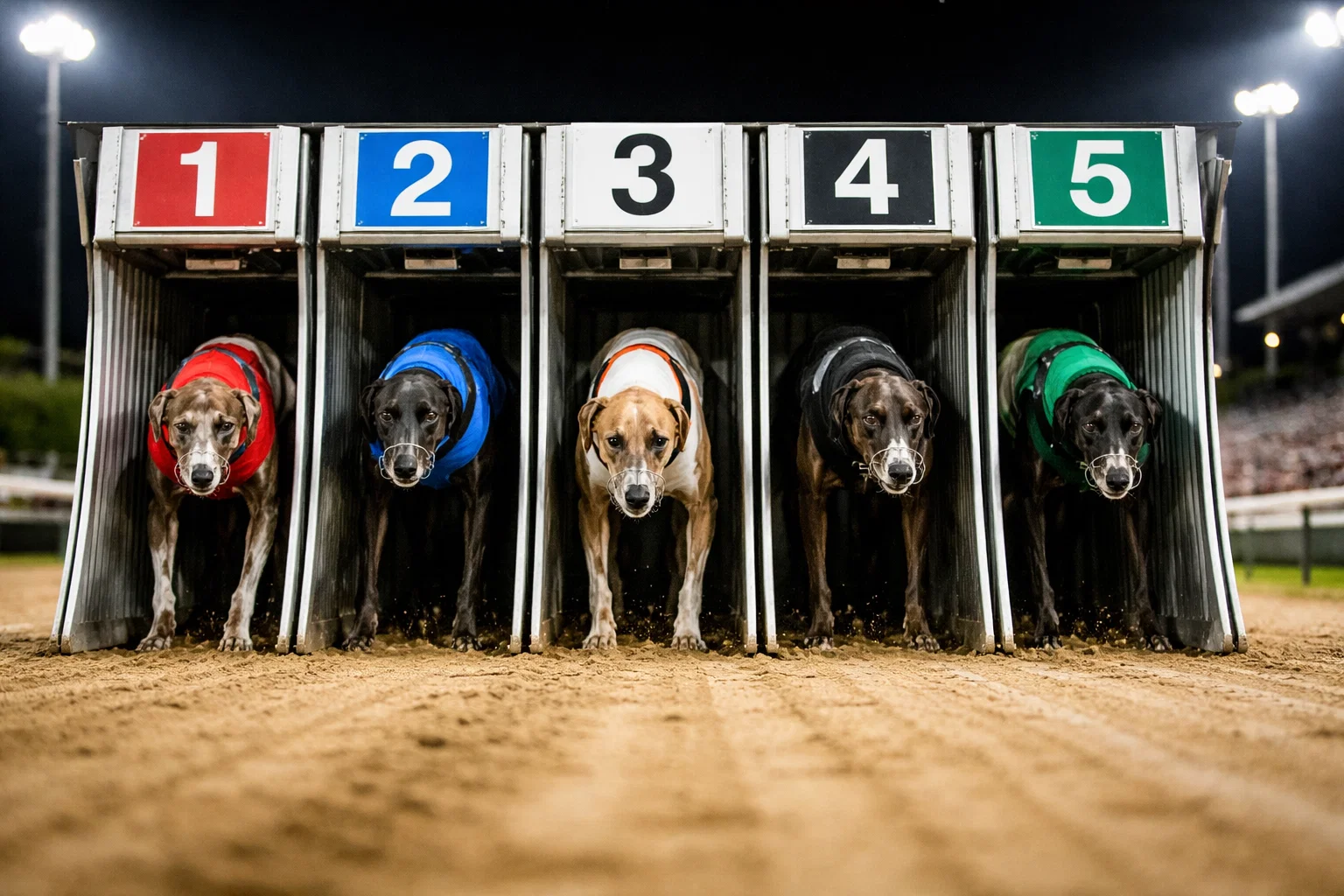 Greyhounds in traps at Harlow Stadium before a graded race