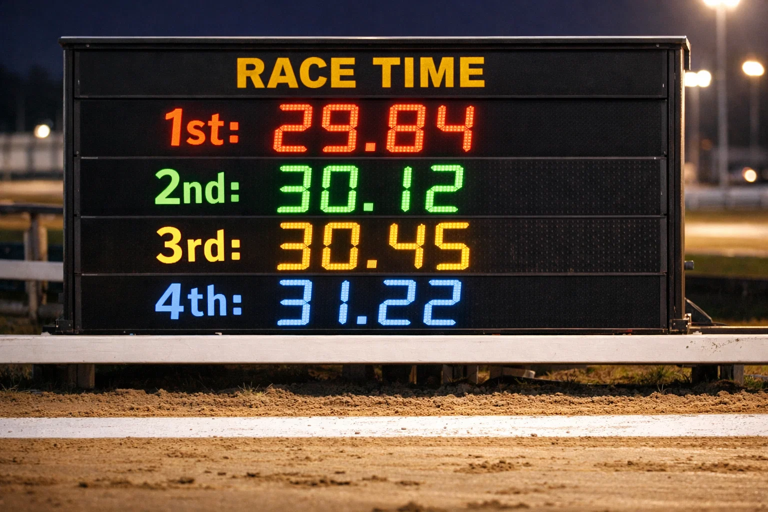Digital timing display showing calculated and raw times at a greyhound track