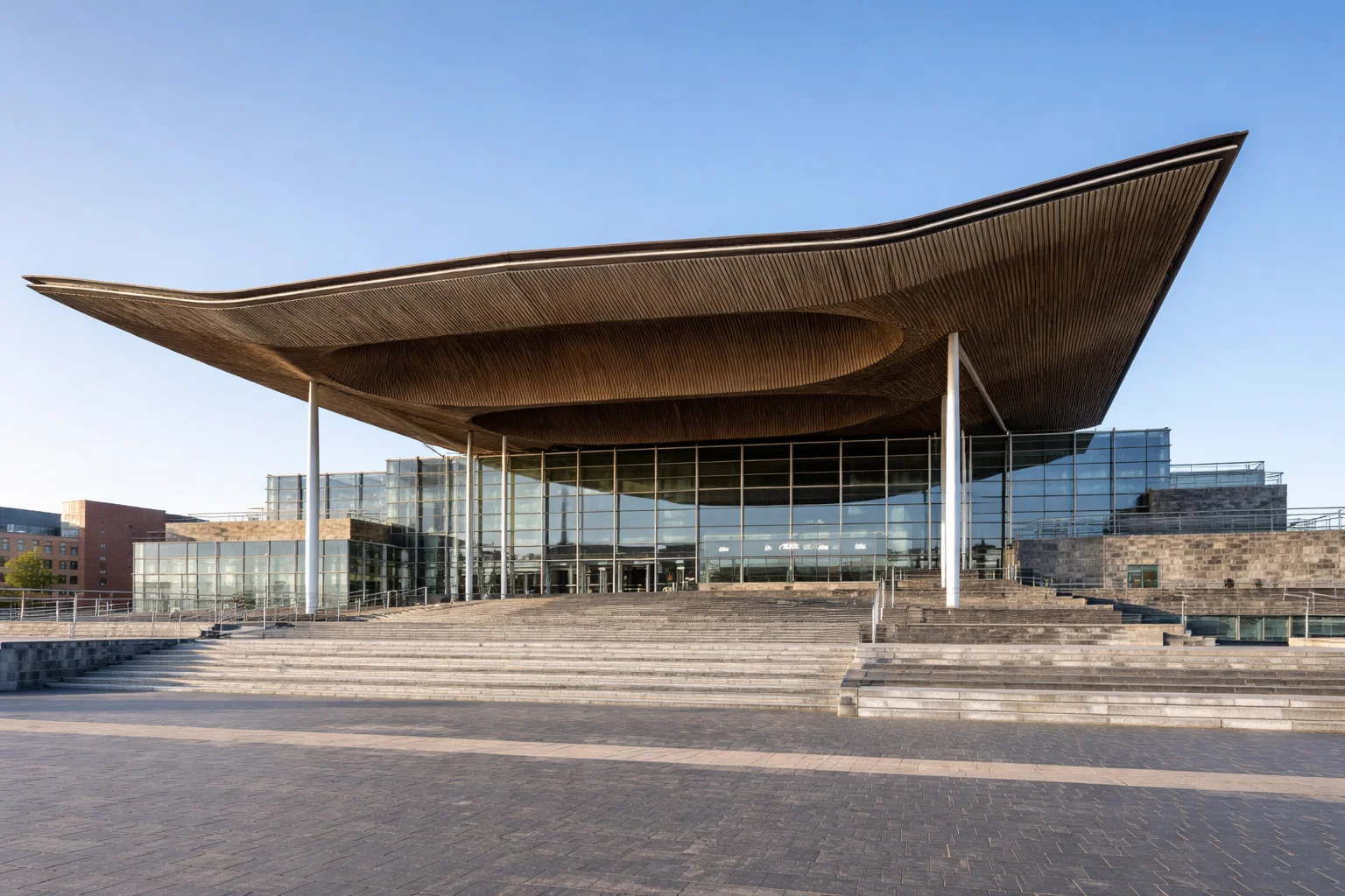 Exterior of the Senedd building in Cardiff Bay on a clear day