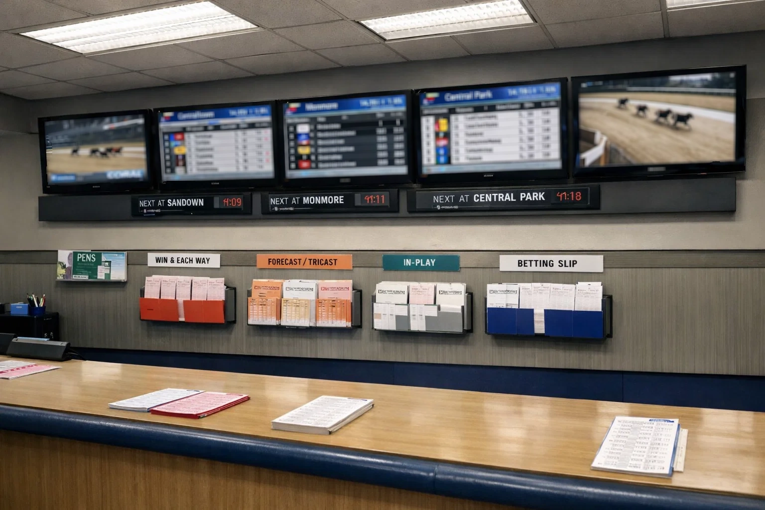 Row of betting shop screens displaying greyhound racing odds inside a licensed bookmaker