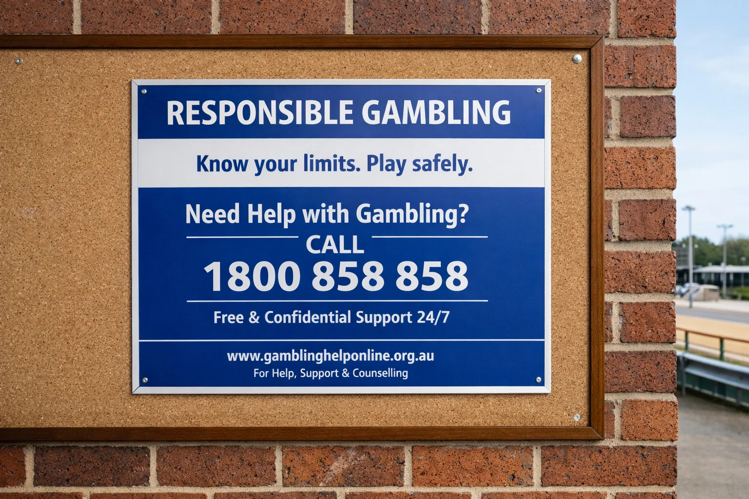 Responsible gambling information sign displayed at a greyhound racing stadium entrance