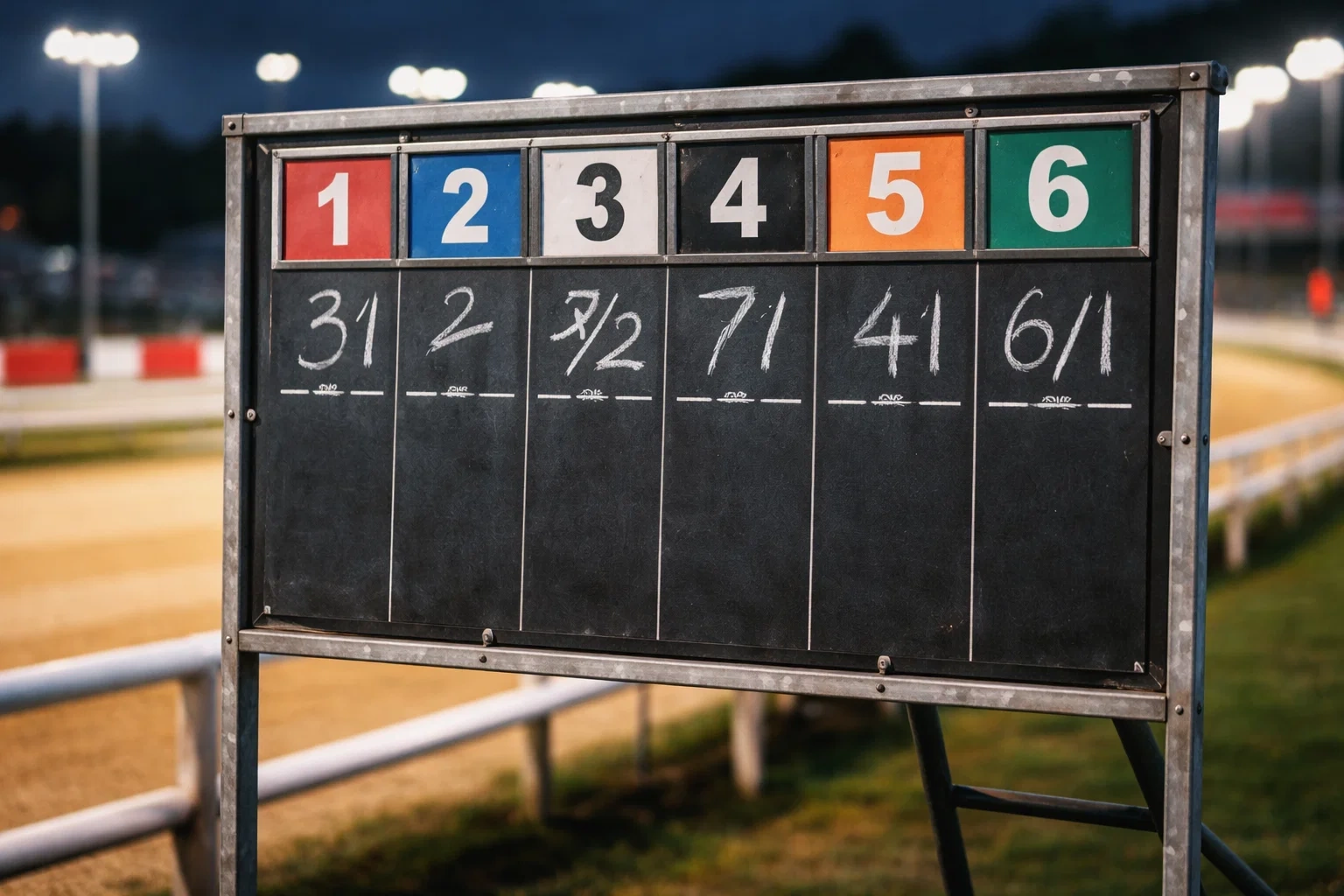 Bookmaker board showing starting prices at a greyhound racing meeting
