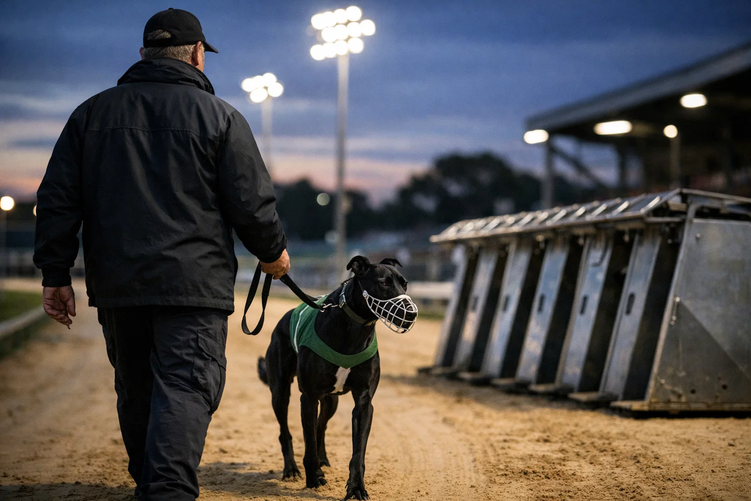 Greyhound trainer in a jacket walking a muzzled racing greyhound toward starting traps