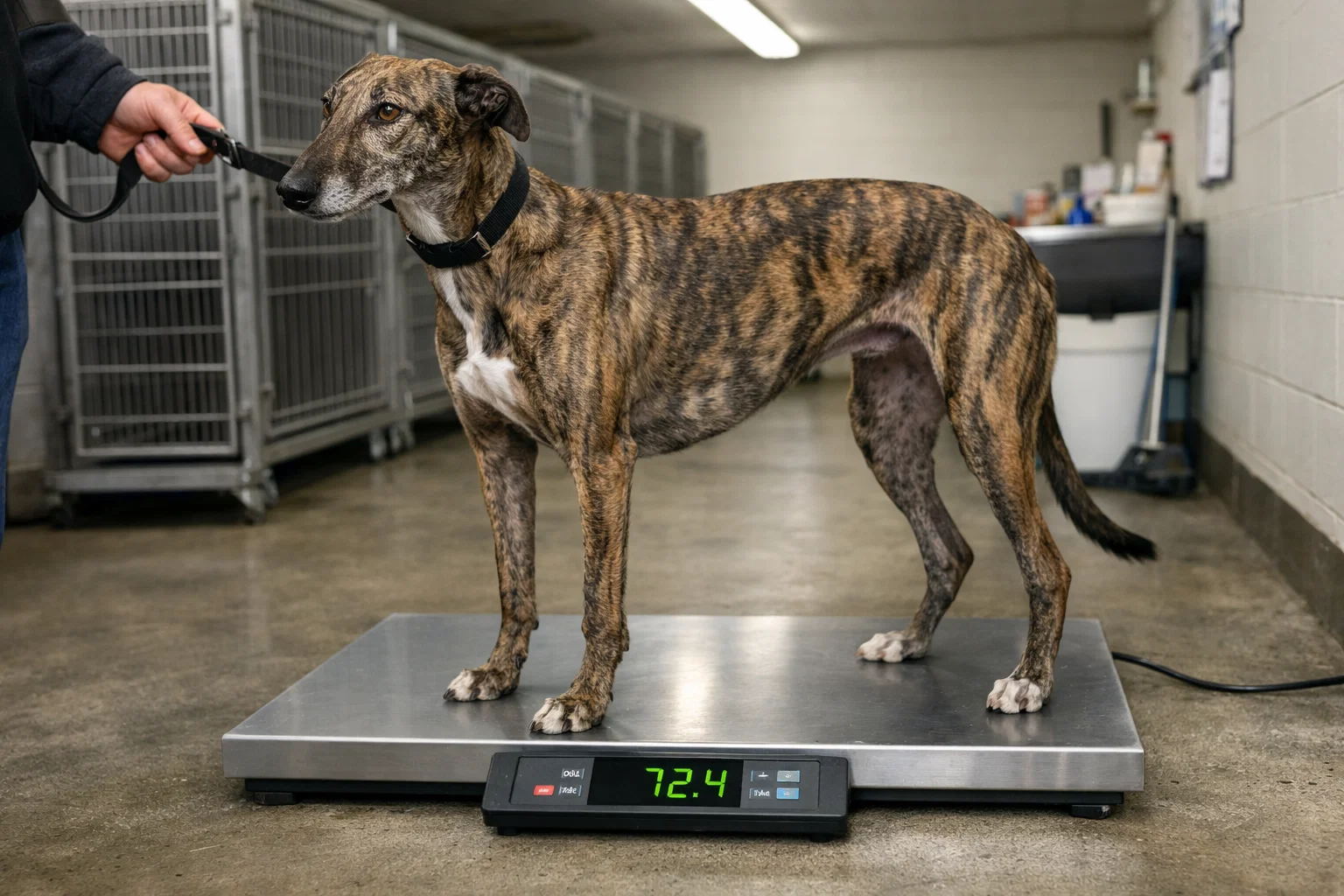 Greyhound standing on a flat weighing scale in a kennelling area before a race
