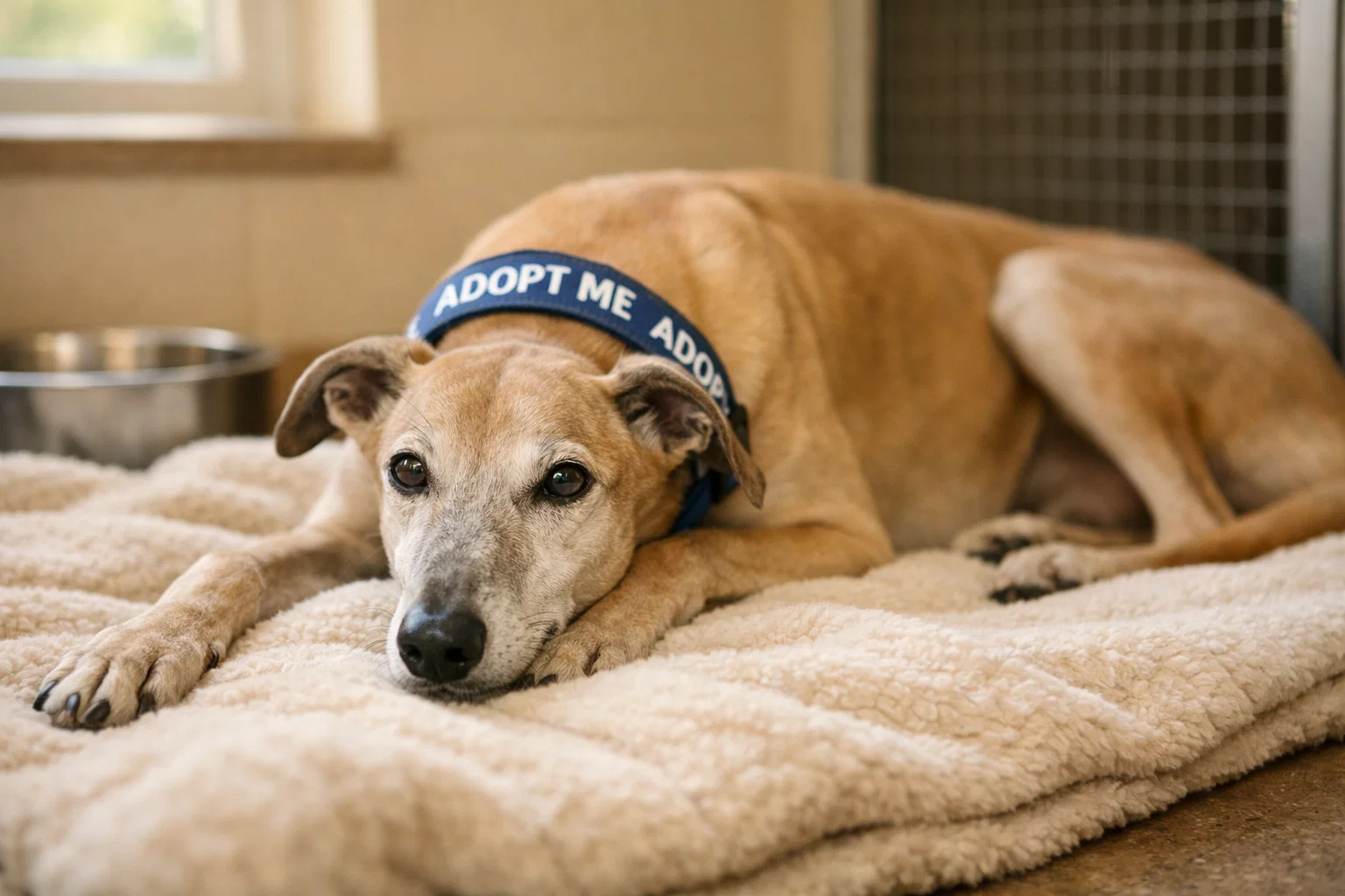 Retired greyhound wearing a adoption-centre collar resting on a blanket in a rehoming kennel