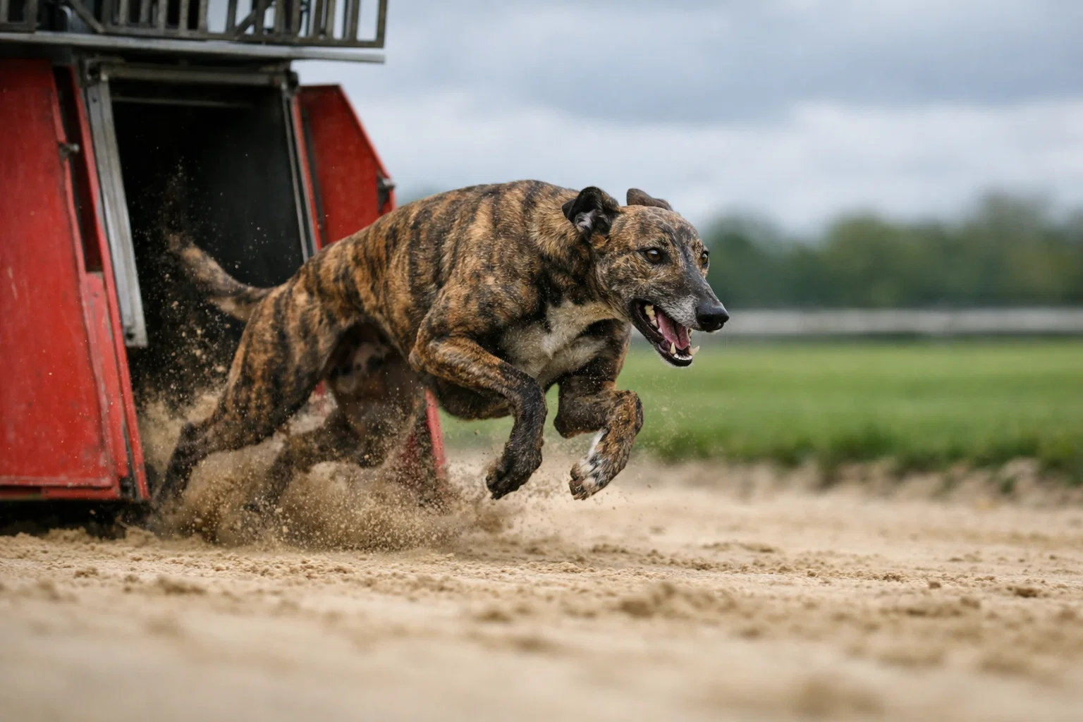 Harlow greyhound sprinting out of the traps over 238 metres at Harlow Stadium
