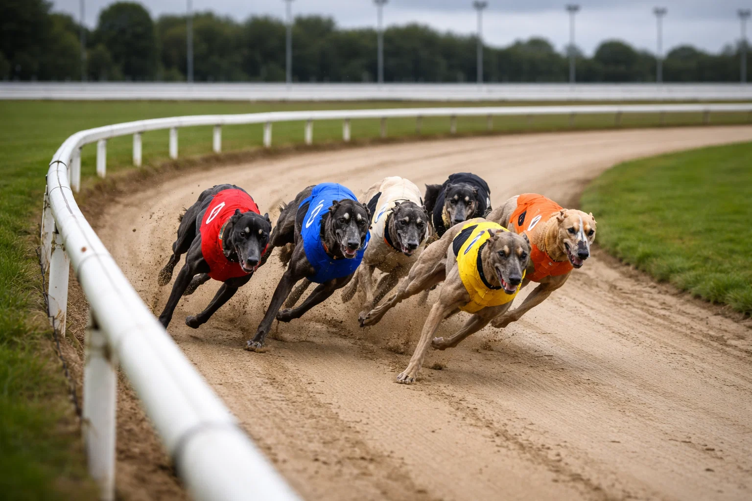 Greyhounds racing at middle distance around the bend at Harlow Stadium