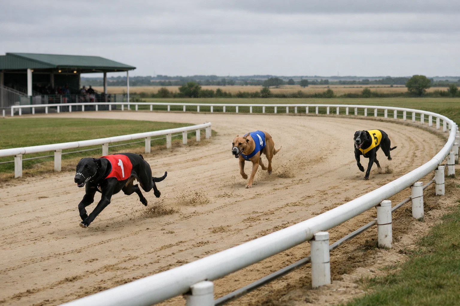 Greyhound stayers racing over 592 metres through the bends at Harlow Stadium