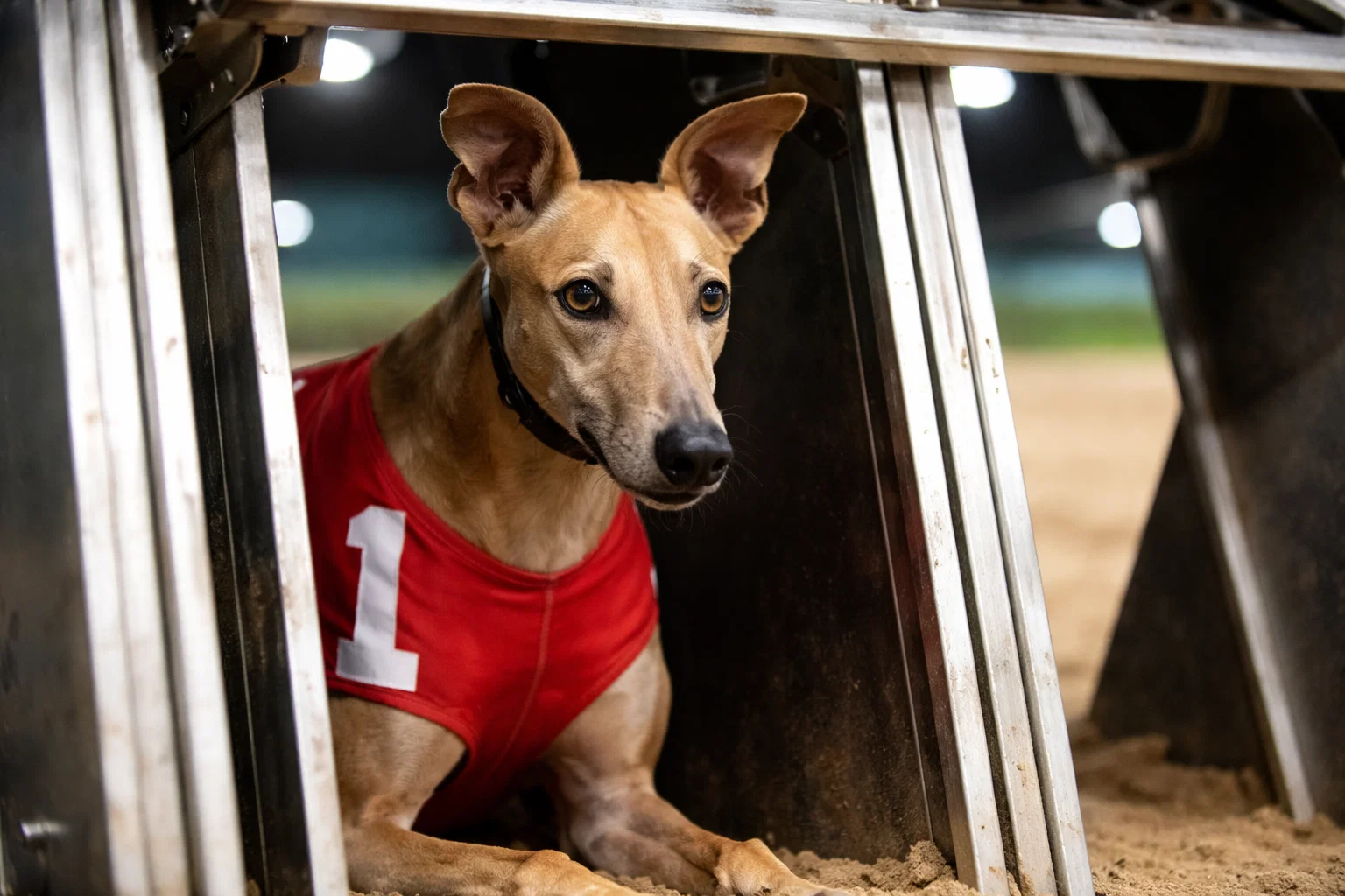 Close-up of a greyhound wearing a red number-one racing jacket in a starting trap