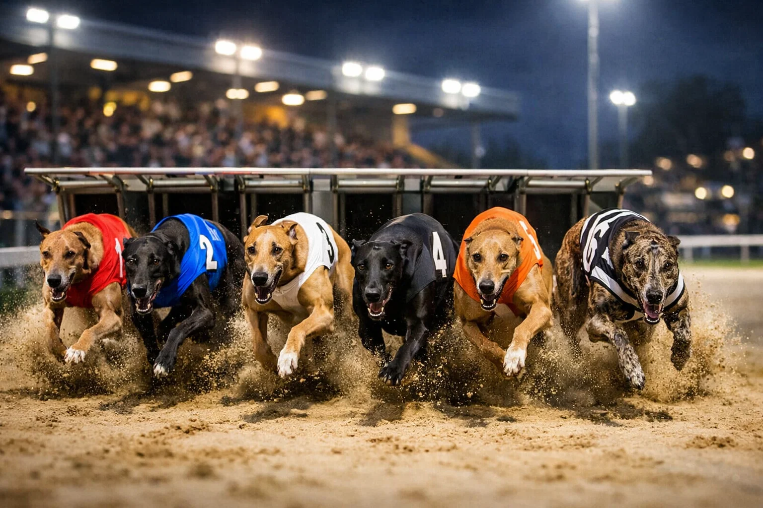Greyhounds racing out of the traps at a floodlit UK stadium during an evening BAGS meeting