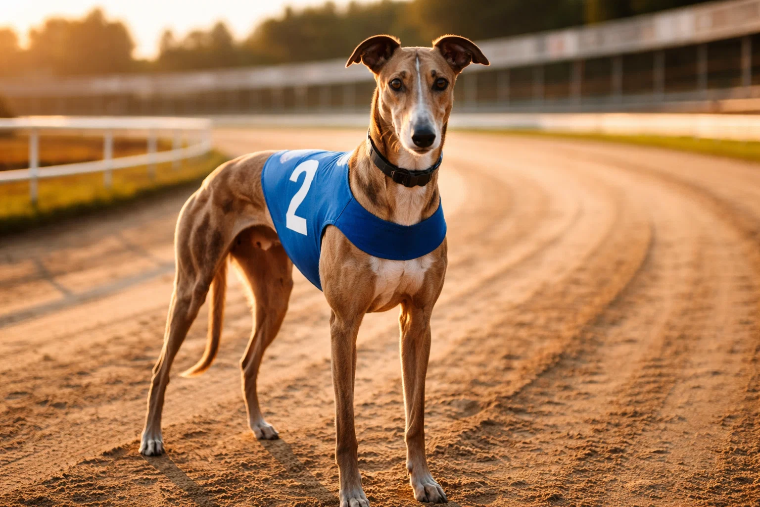 Greyhound in a racing jacket walking on the sand track at Harlow stadium before a meeting