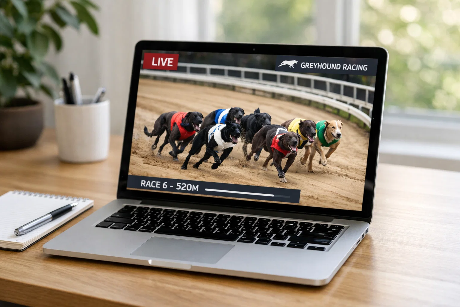 Live streaming screen showing Harlow greyhound race in progress