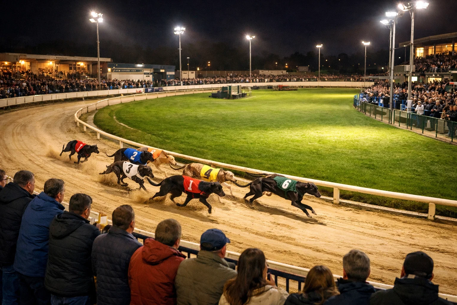 Friday evening atmosphere at Harlow Stadium with greyhounds racing under lights