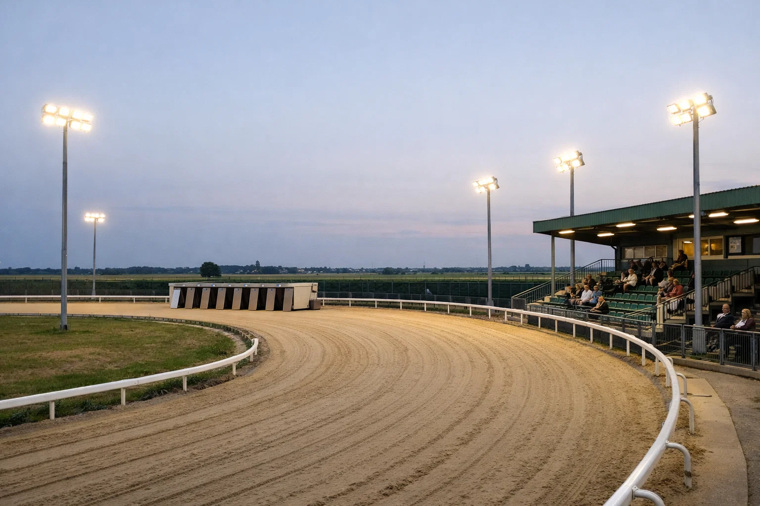 Harlow Stadium on a Monday evening with greyhounds preparing for the first race