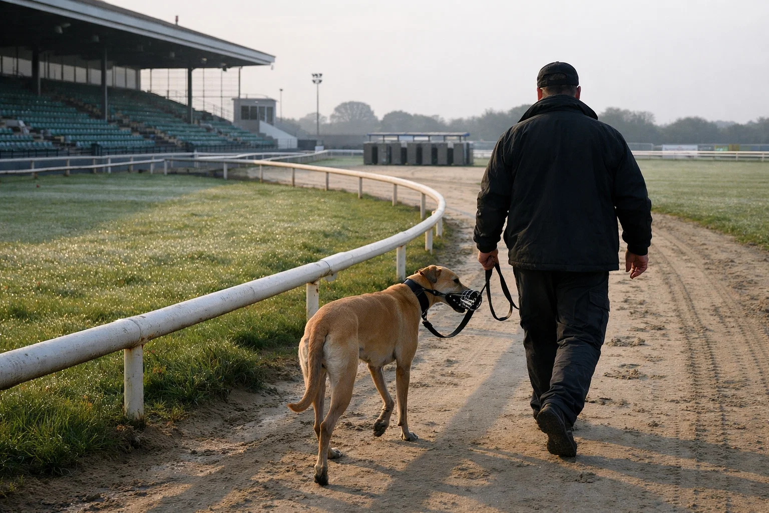 Early morning greyhound racing at Harlow Stadium with dogs being walked to traps