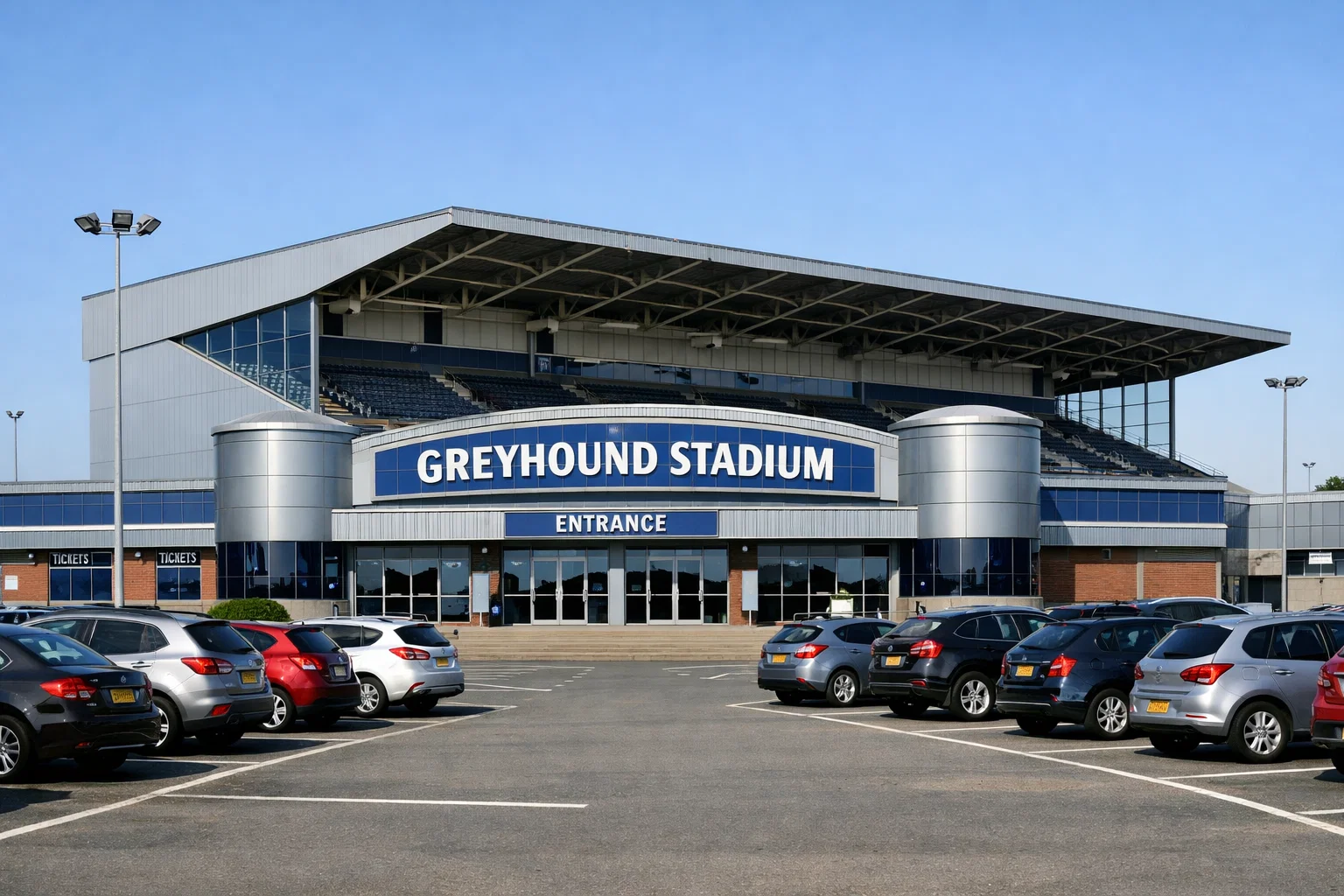 Harlow Greyhound Stadium exterior view showing the main entrance and stands