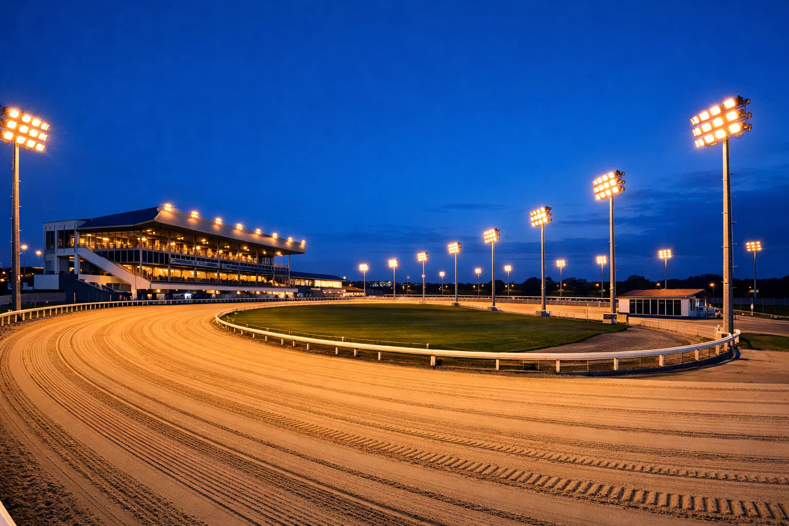 Wide view of Harlow greyhound stadium grandstand and sand track under evening floodlights
