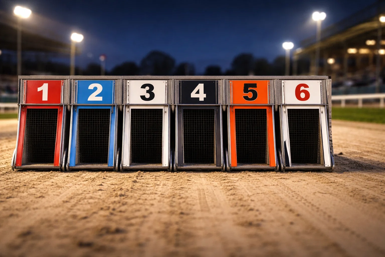 Starting traps at Harlow greyhound stadium with six coloured boxes viewed from the track