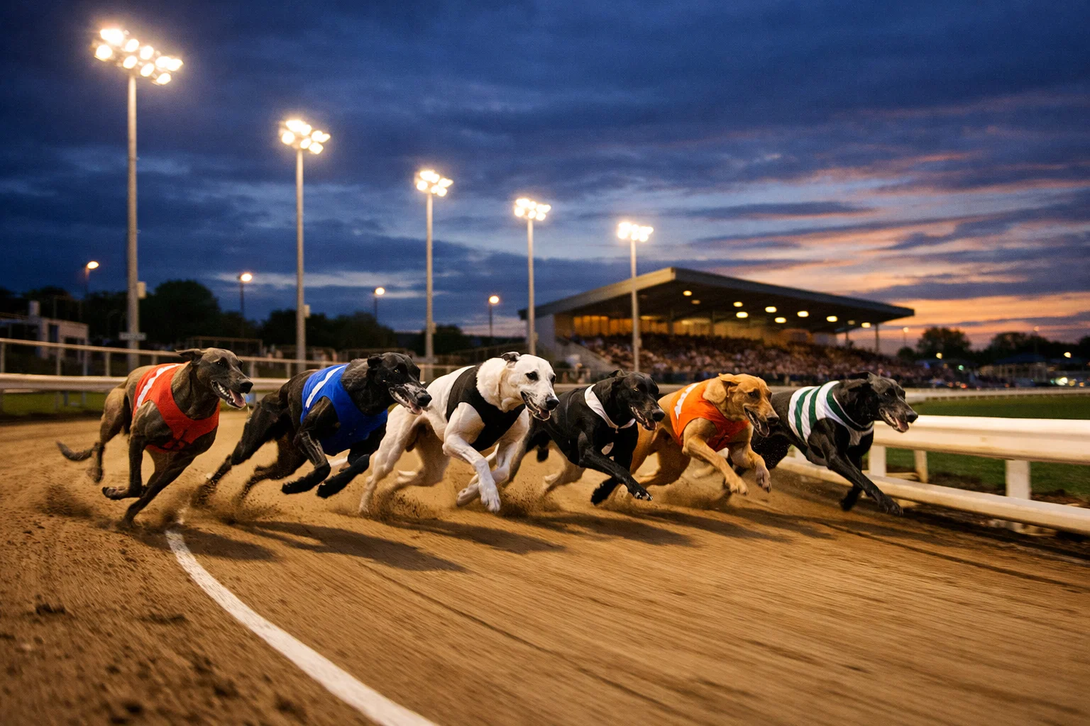 Harlow Greyhound Stadium race track with starting traps and floodlights during an evening meeting