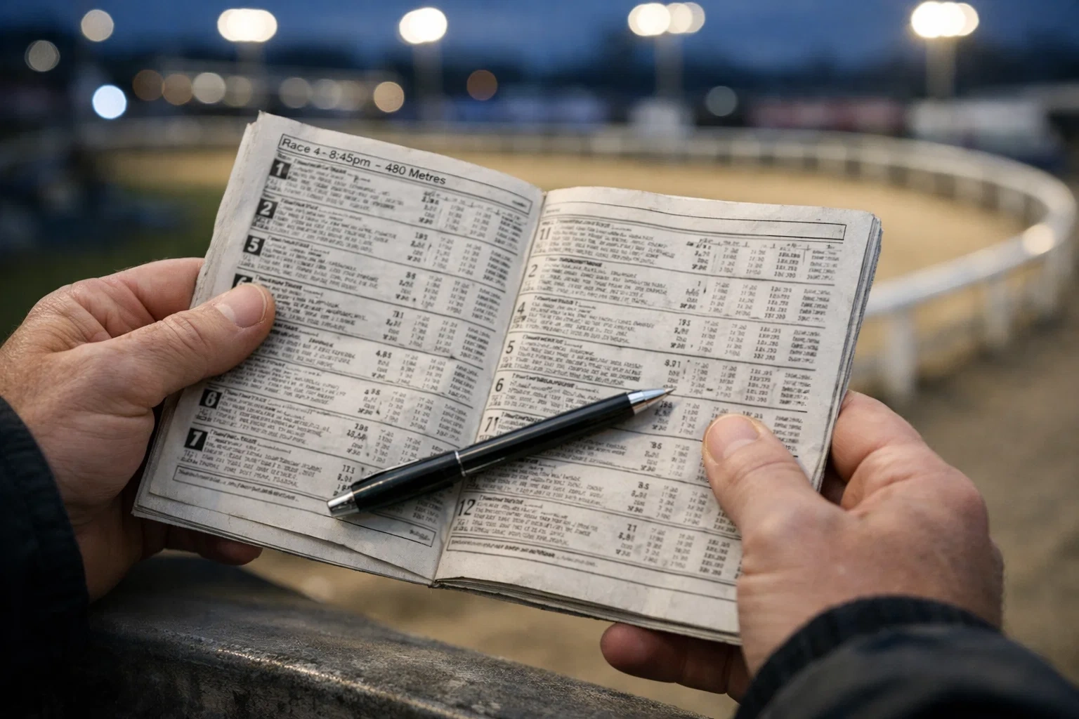 Punter studying a printed greyhound race card at a UK stadium with the track in the background
