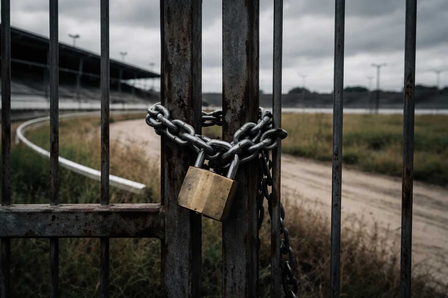 Empty greyhound stadium with closed gates symbolising UK track closures